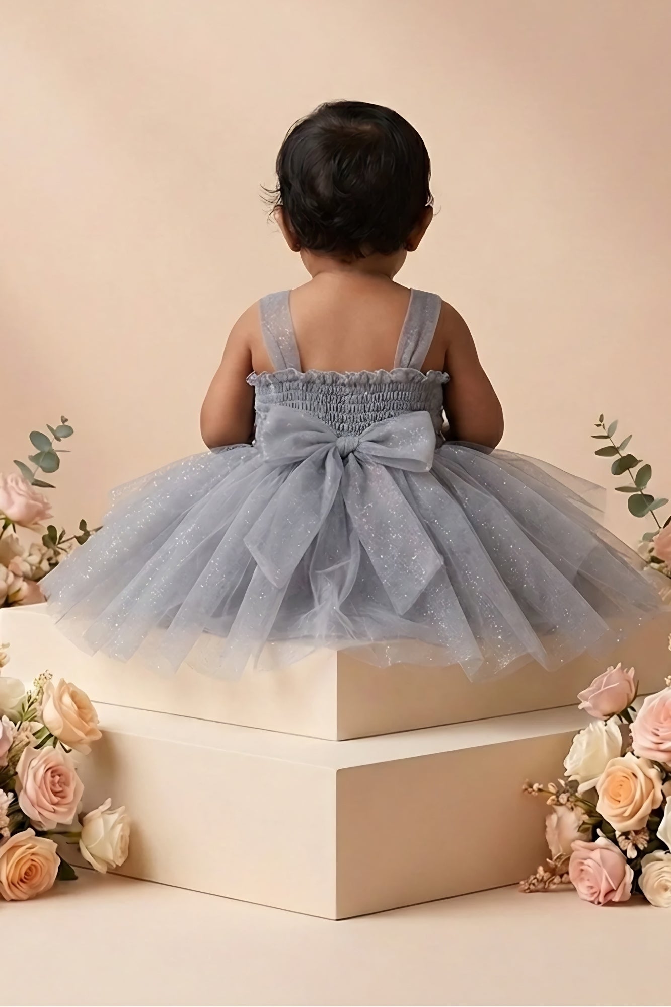 Girls Grey Floral Embellished Net Party Dress