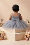 Girls Grey Floral Embellished Net Party Dress