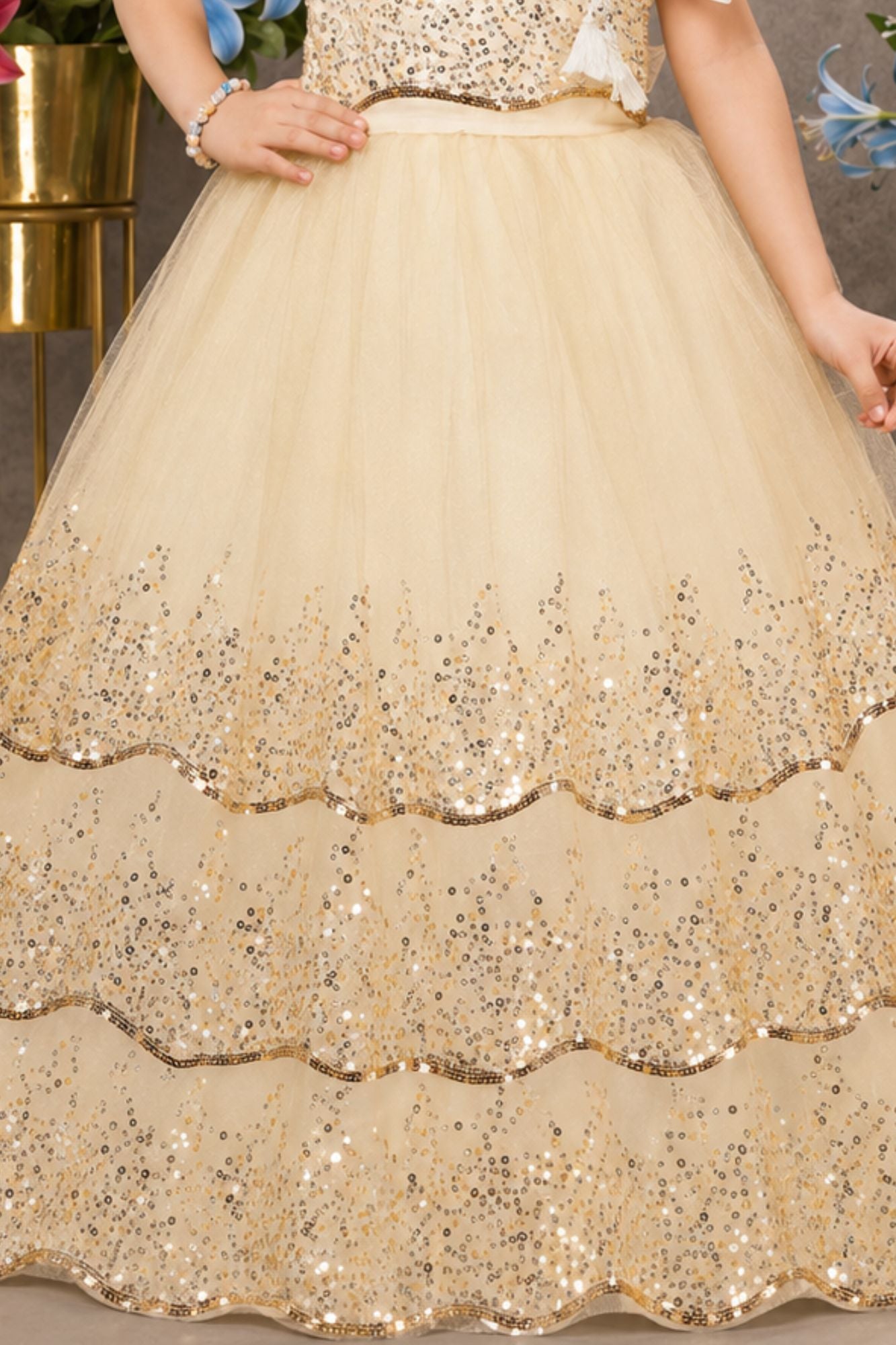 Girls Golden Sequin Bow Detailed Layered Party Wear Gown
