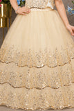 Girls Golden Sequin Bow Detailed Layered Party Wear Gown
