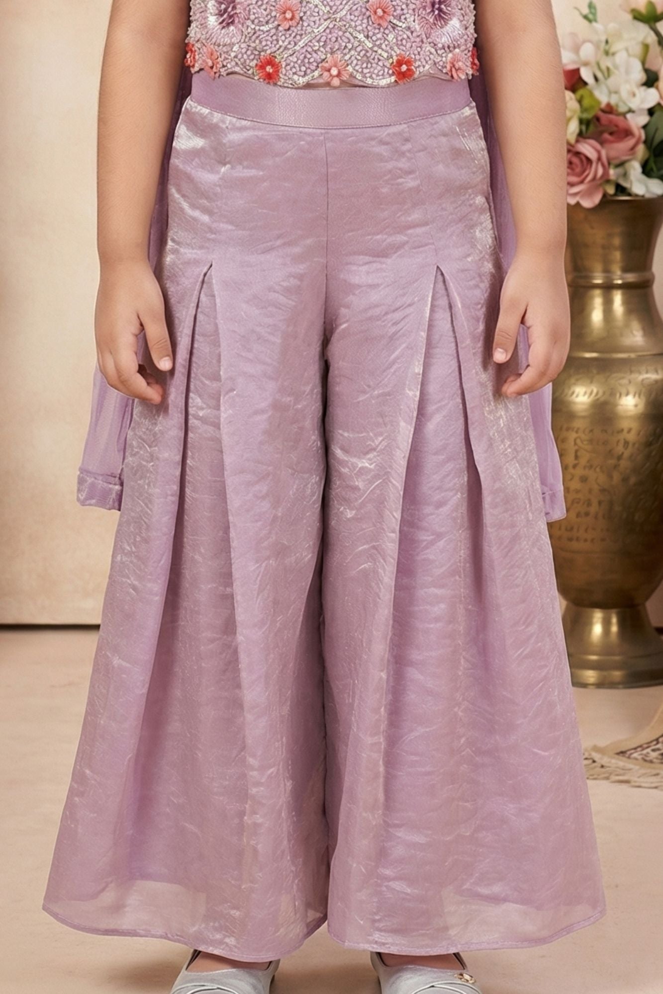 Lavender Embroidered Palazzo Set With Dupatta For Girls