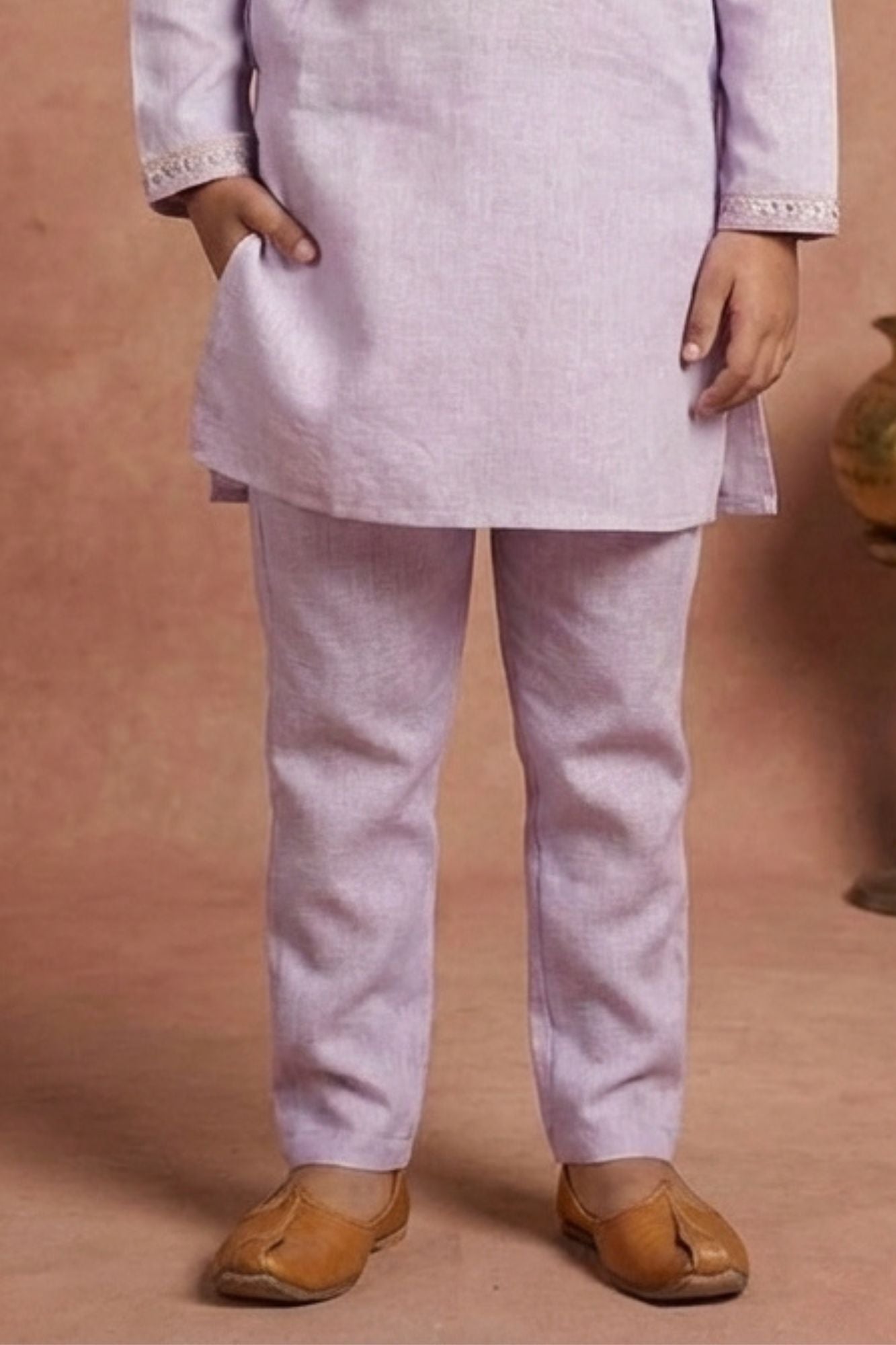 Lavender Embroidered Linen Kurta Set For Boys