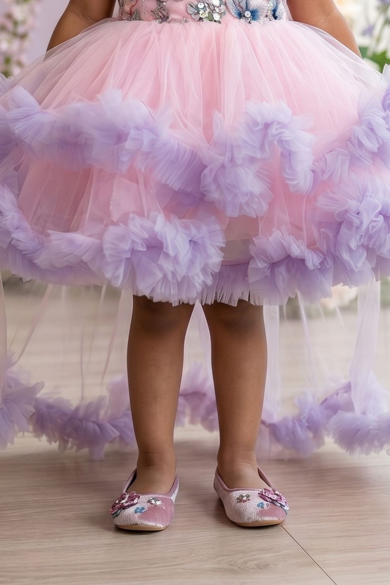 Pink And Lilac Floral Embroidered Frock With Ruffle High-Low Hem For Girls