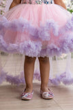 Pink And Lilac Floral Embroidered Frock With Ruffle High-Low Hem For Girls