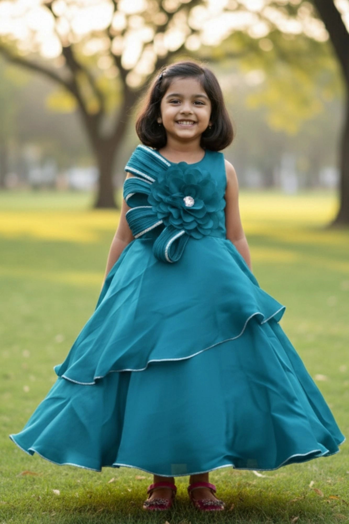 Blue Layered Party Gown with Oversized Floral Appliqué For Girls