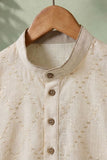 Fawn Geometric Thread Embroidered Pure Linen Kurta