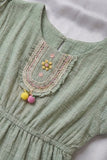 Green Pom-Pom Cotton Frock with Embroidered Yoke For Girls