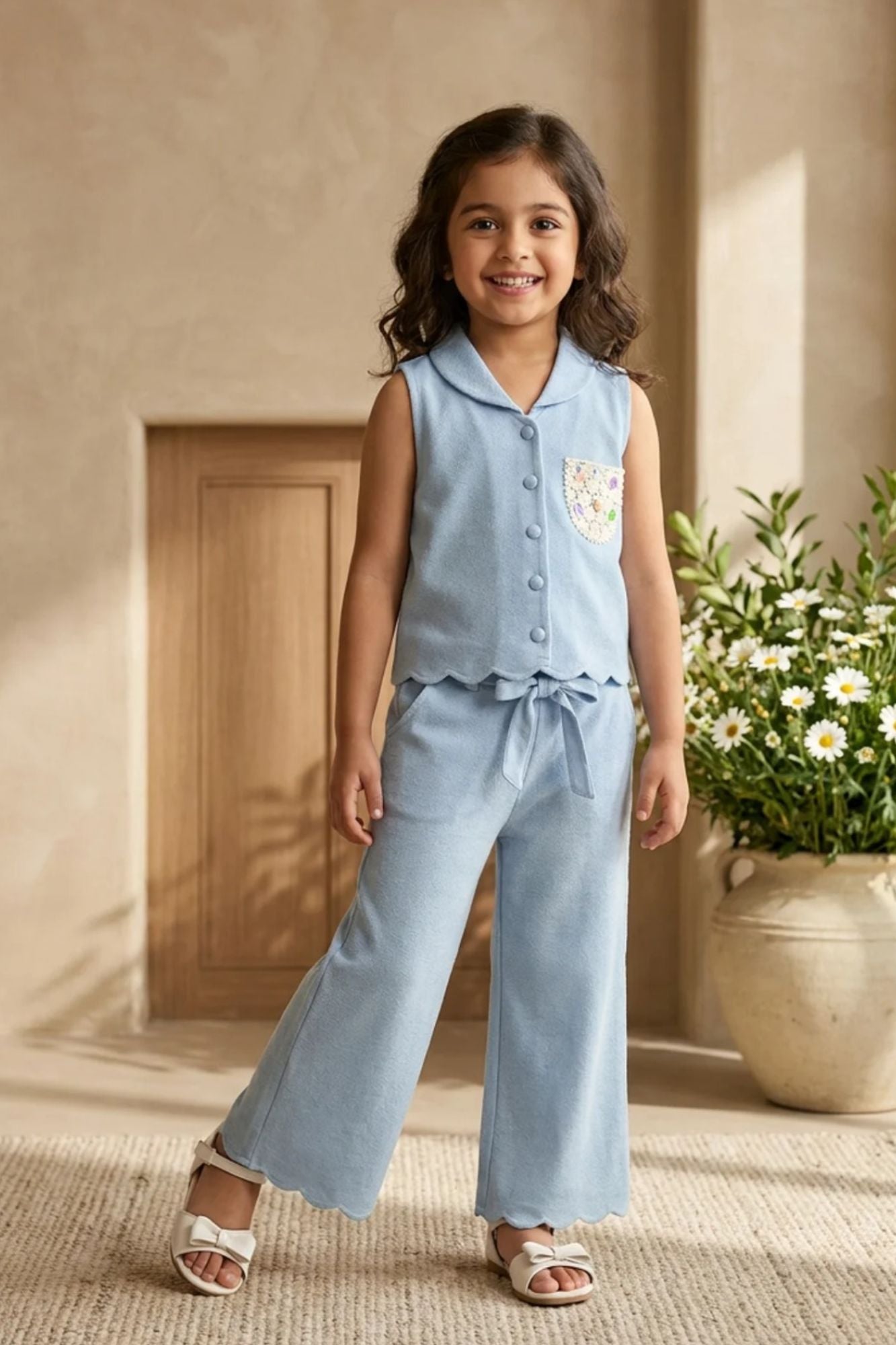 Girls Sky Blue Sleeveless Embroidered Co-Ord Set with Wide Leg Pants