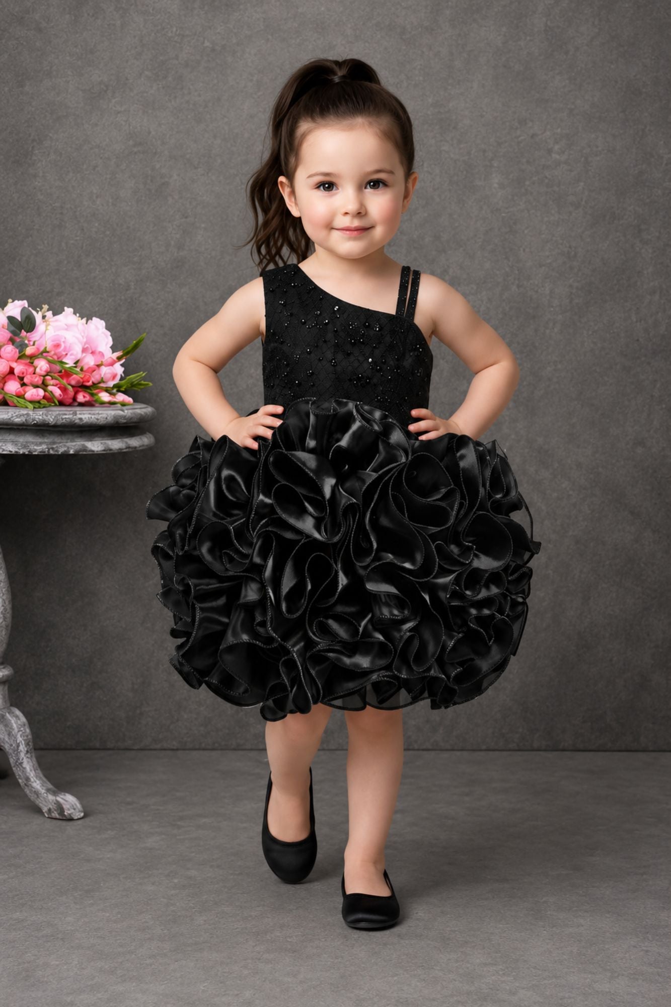 Black One-Shoulder Ruffle Party Wear Frock