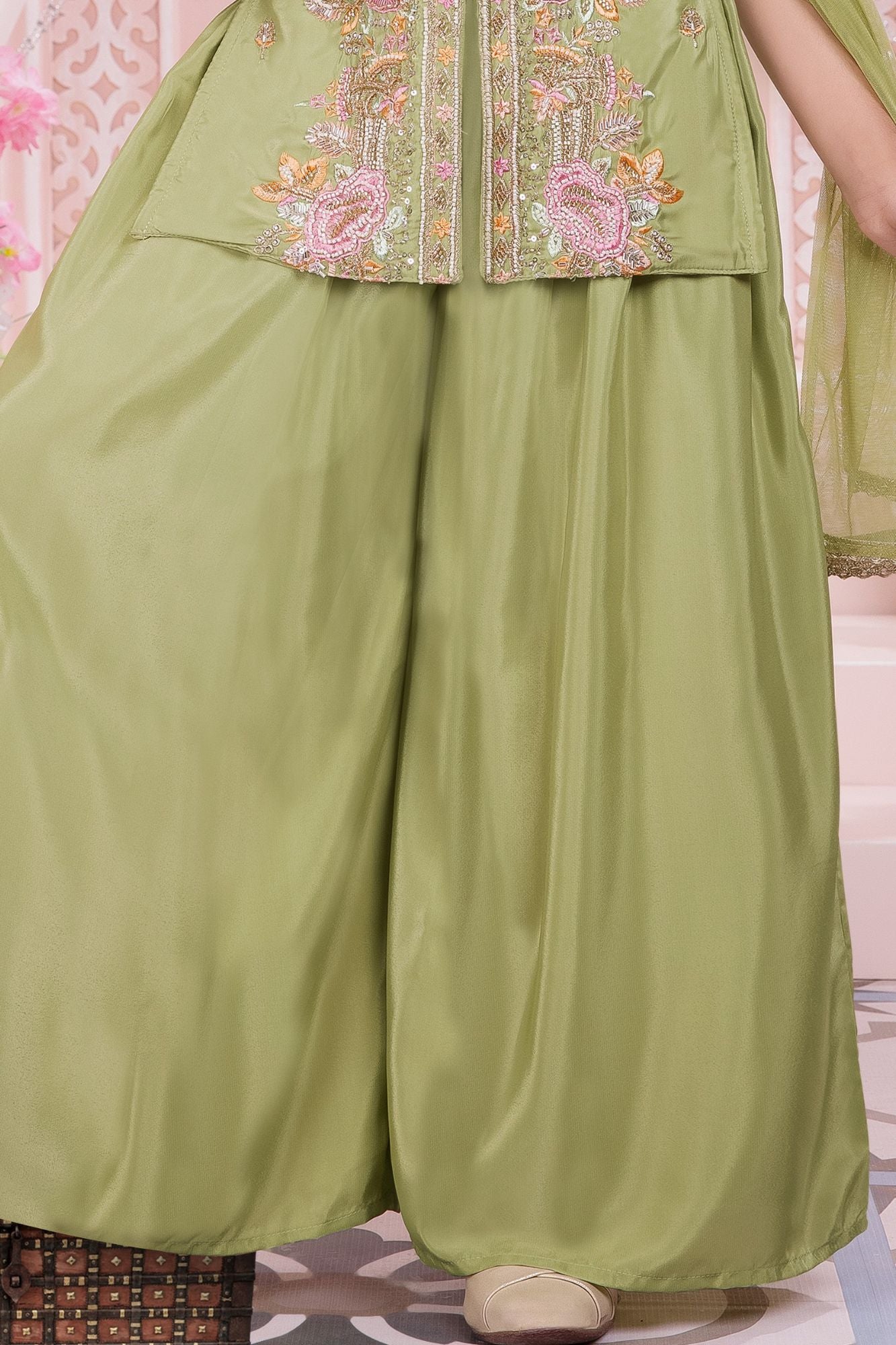 Girls Pista Green Palazzo Set with Heavy Floral Embroidered Kurti And Dupatta