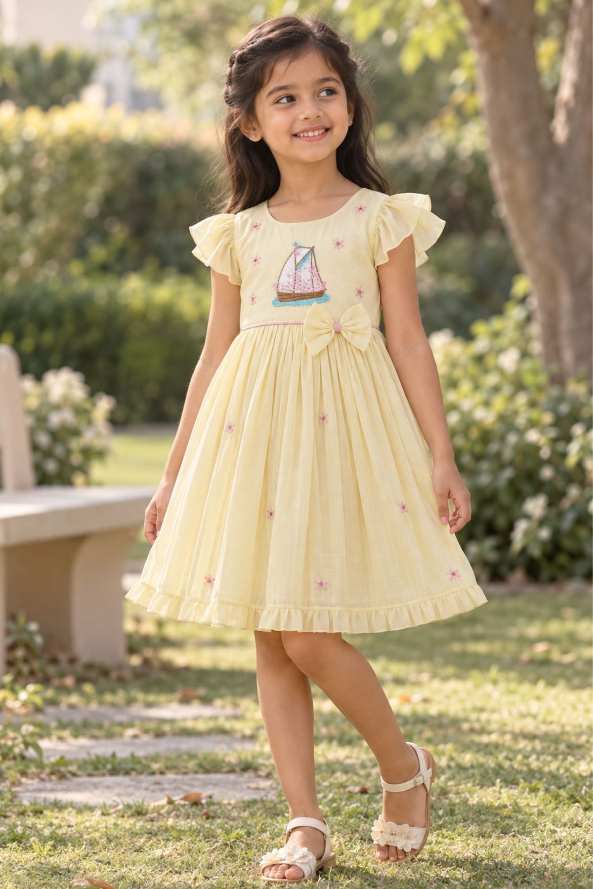 Girls Lemon Yellow Embroidered Ruffle Sleeve Flared Dress