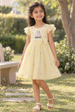 Girls Lemon Yellow Embroidered Ruffle Sleeve Flared Dress