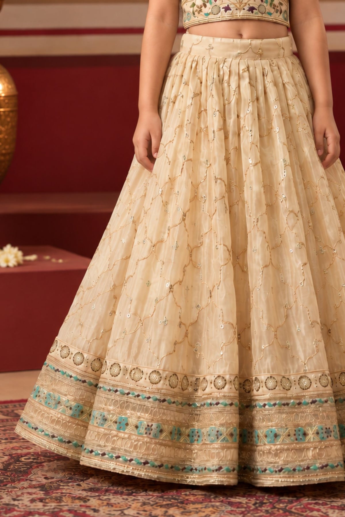Cream Zari Embroidered Lehenga Choli For Girls