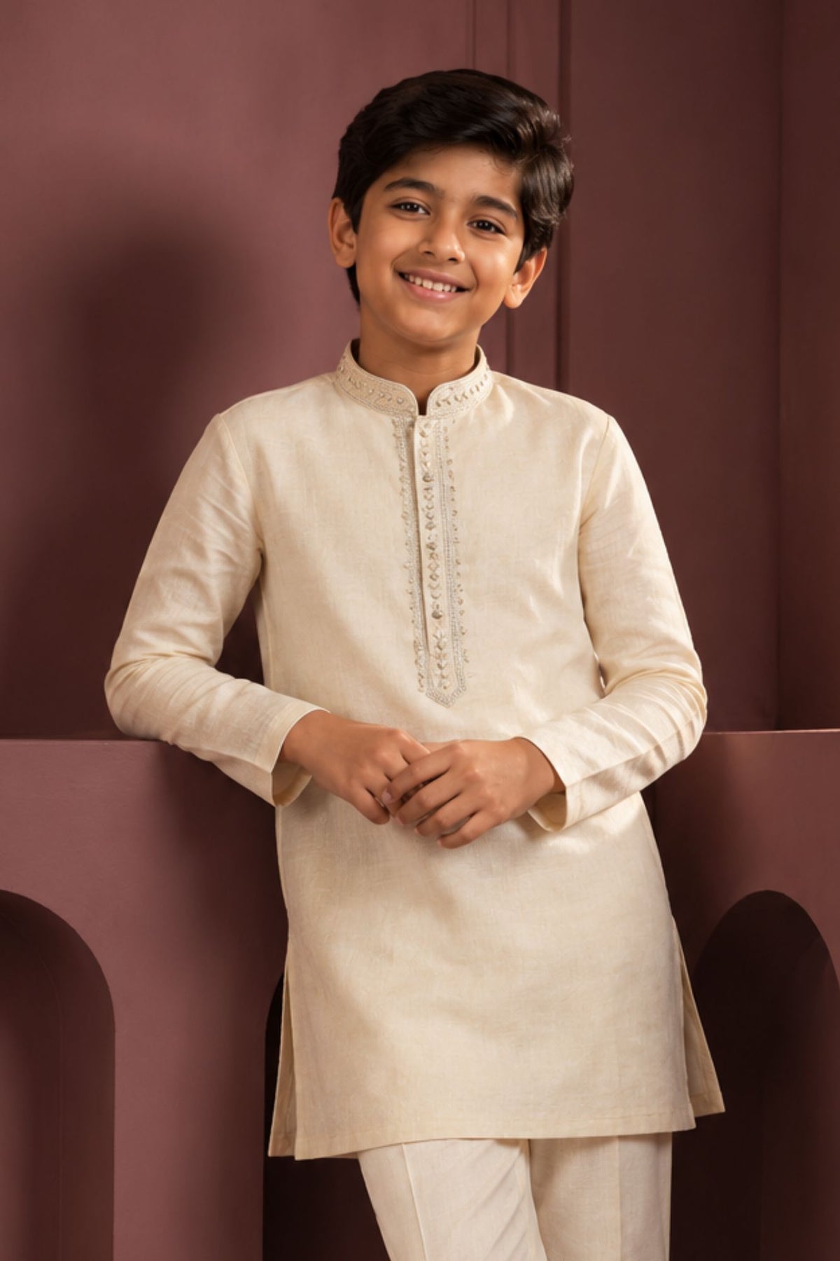 Cream Embroidered Linen Kurta Set For Boys