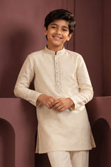 Cream Embroidered Linen Kurta Set For Boys