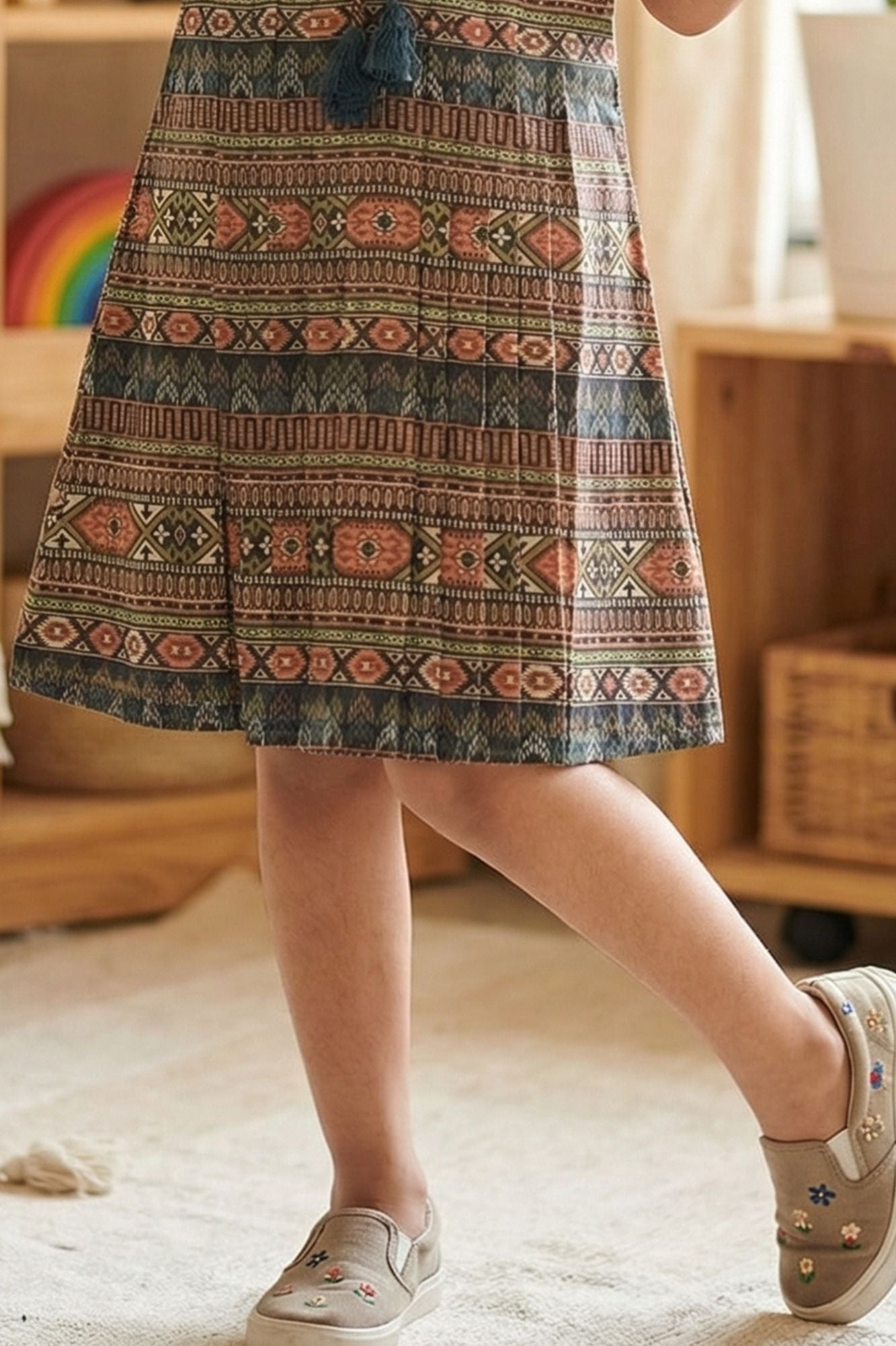 Blue Frock With Tassel Tie-Up For Girls