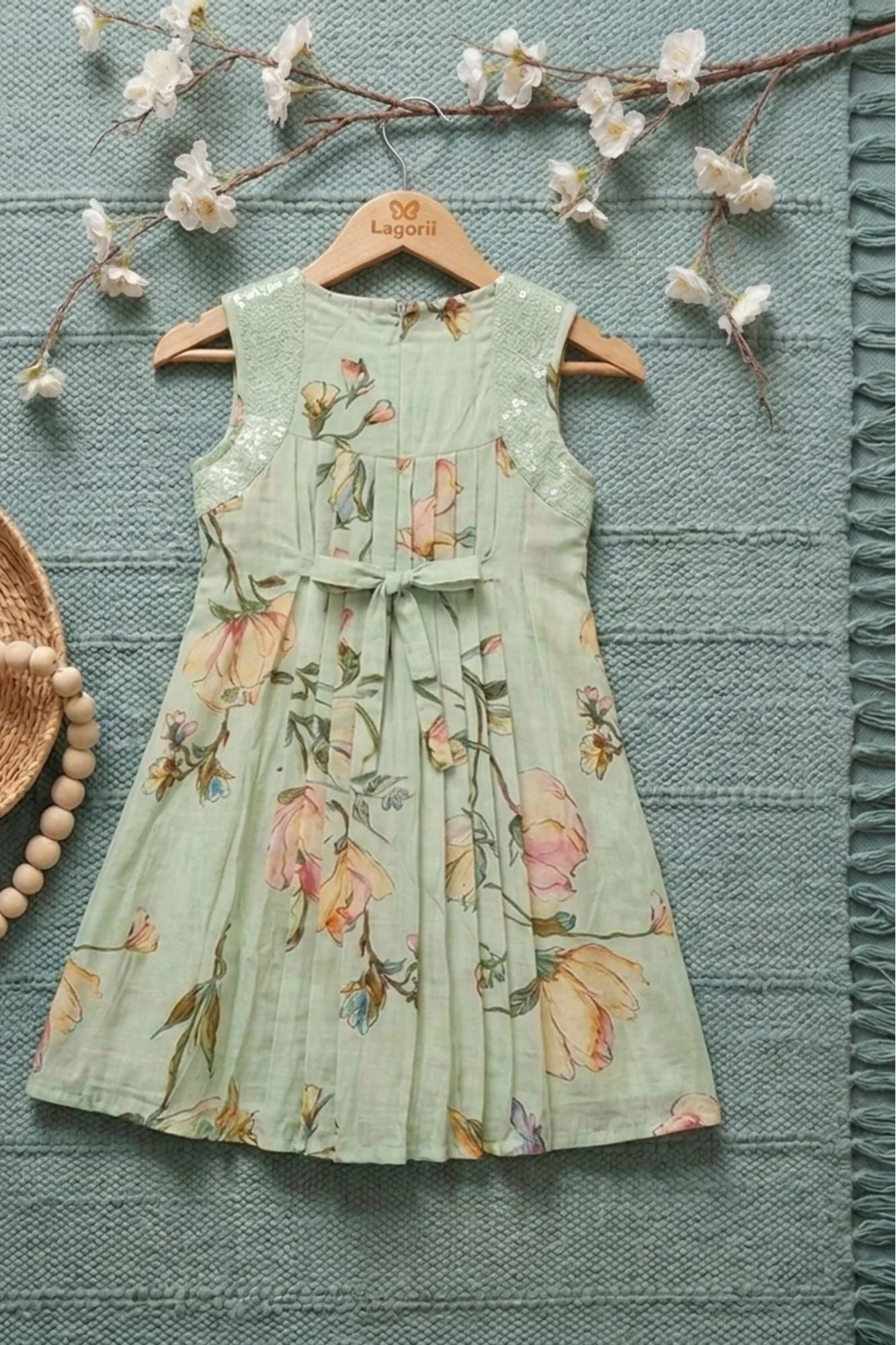 Girls Mint Green Floral Printed Dress with Smocked Yoke