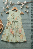 Girls Mint Green Floral Printed Dress with Smocked Yoke