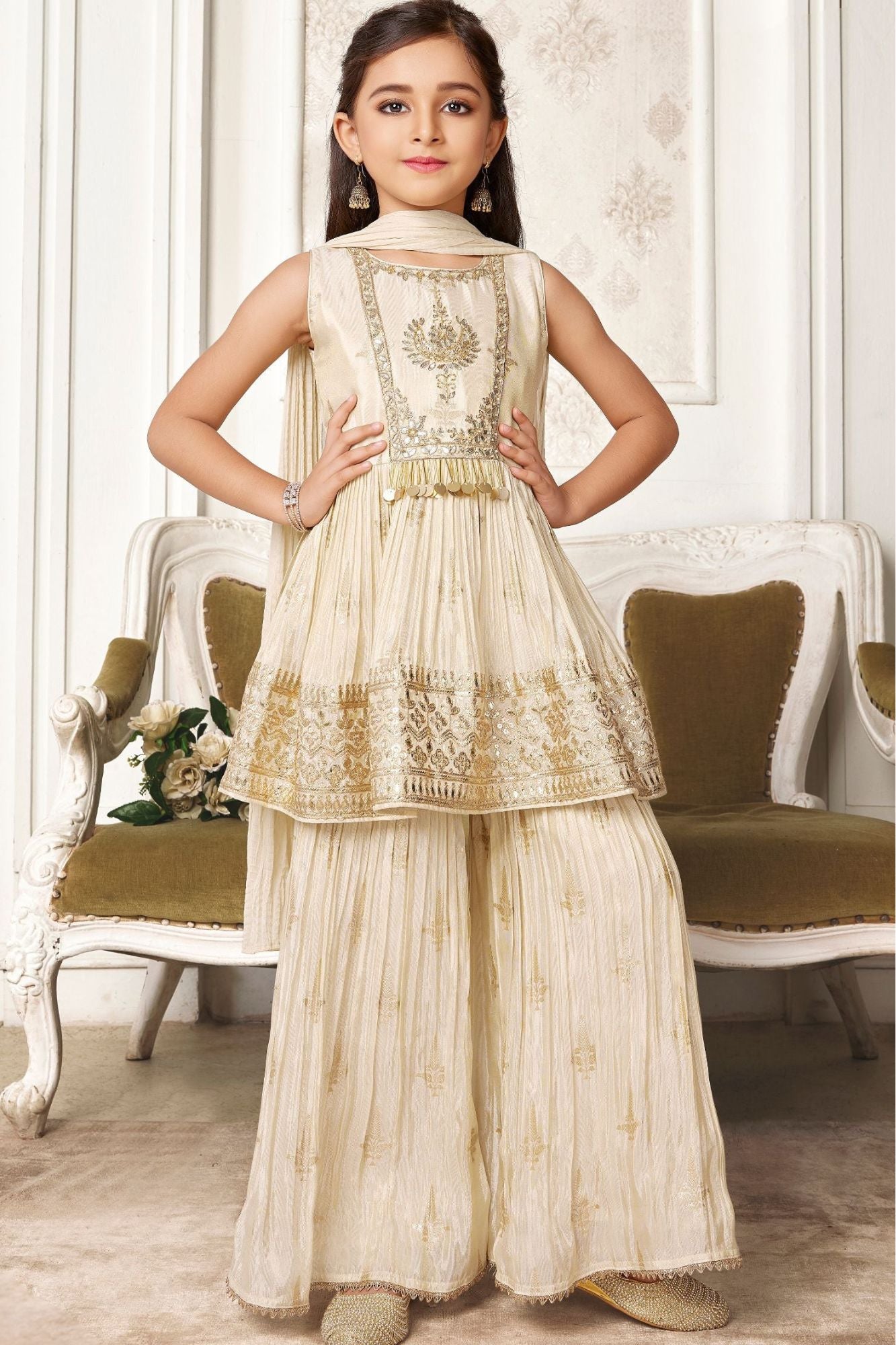 Girls Ivory Embroidered Palazzo Set with Dupatta