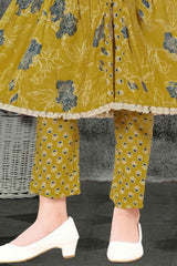 Mustard Floral Printed And Sequins Work Kurta With Pant Set For Girls