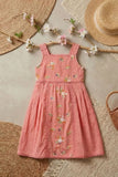 Girls Pink Floral Embroidered Sleeveless Dress with Lace Panels