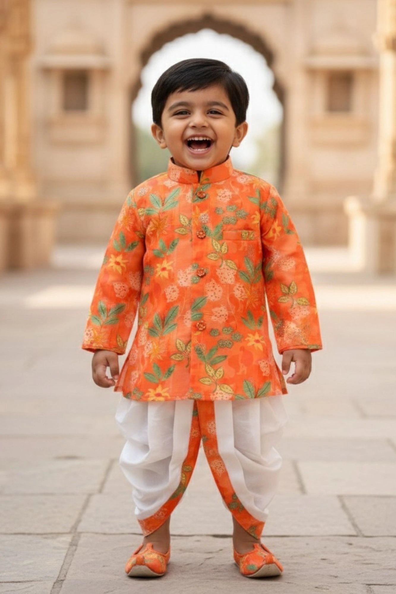 Orange Floral Printed Dhoti Set For Boys