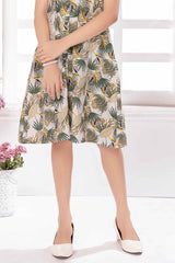 Green Sleeveless And Leave Printed A-Line Frock For Girls