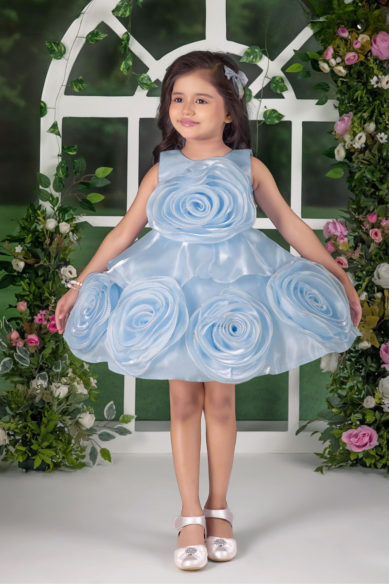 Blooming Princess Ice Blue Rosette Embellished Party Frock For Girls