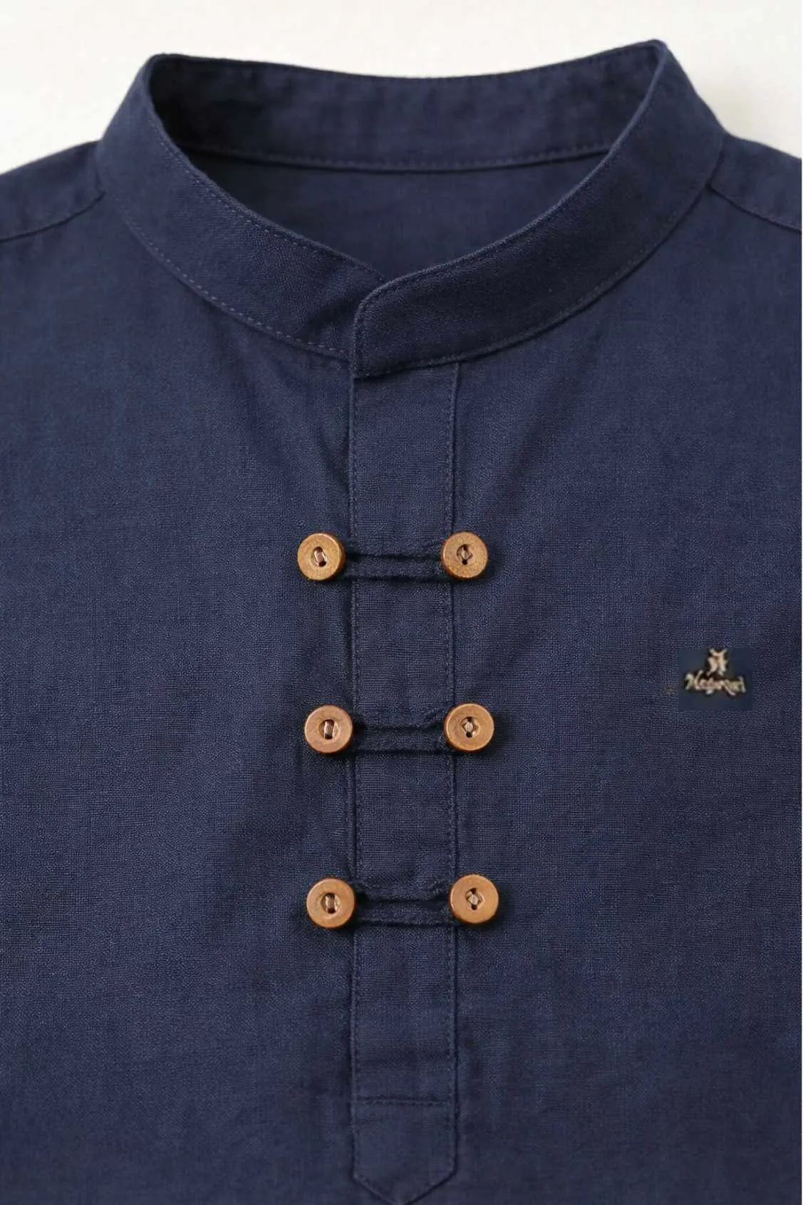 Navy Blue Solid Shirt with Mandarin Collar for Boys