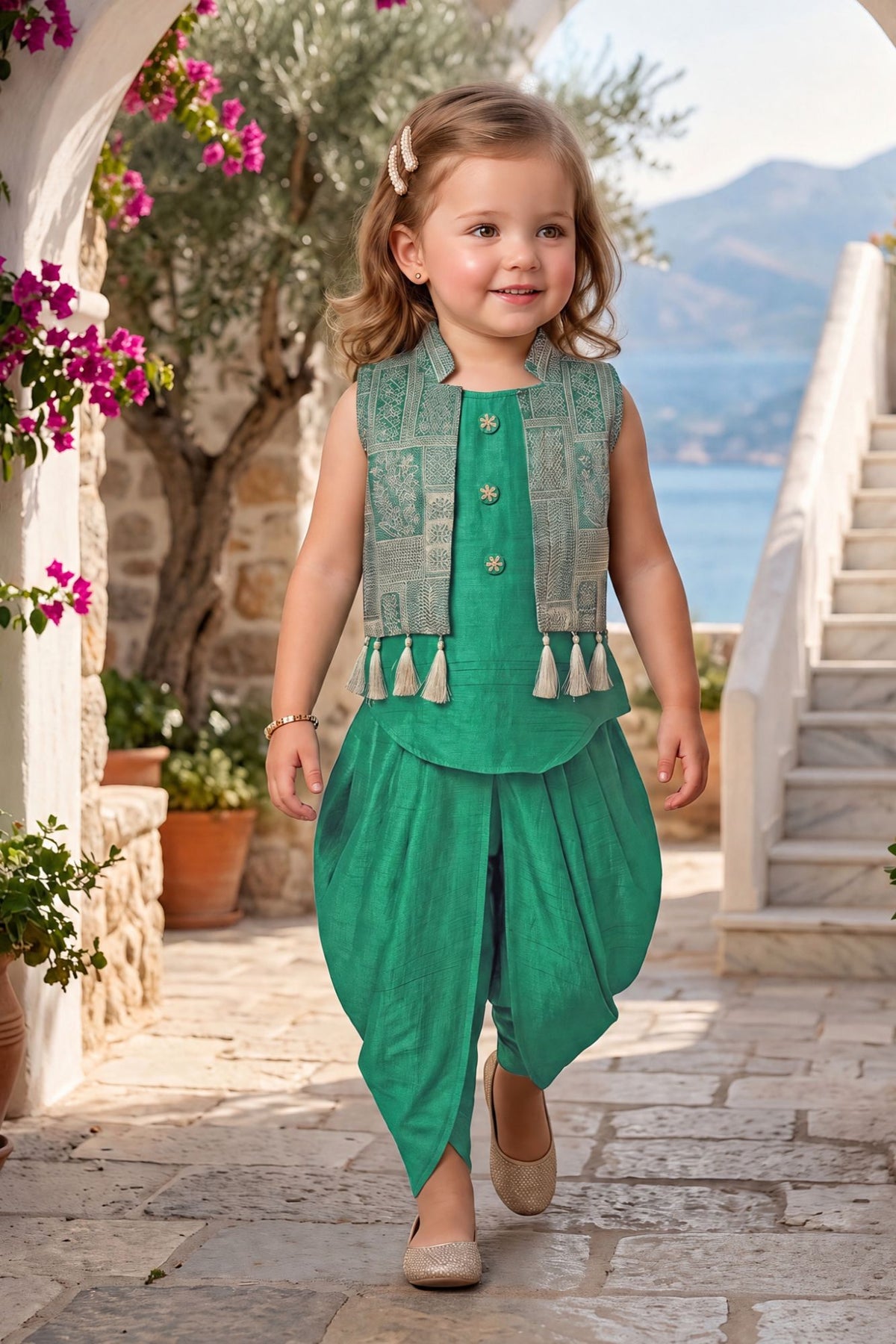 Girls Emerald Green Printed Sleeveless Jacket Style Dhoti Kurti Set