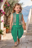 Girls Emerald Green Printed Sleeveless Jacket Style Dhoti Kurti Set