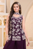 Wine Embroidered Georgette Palazzo Set For Girls