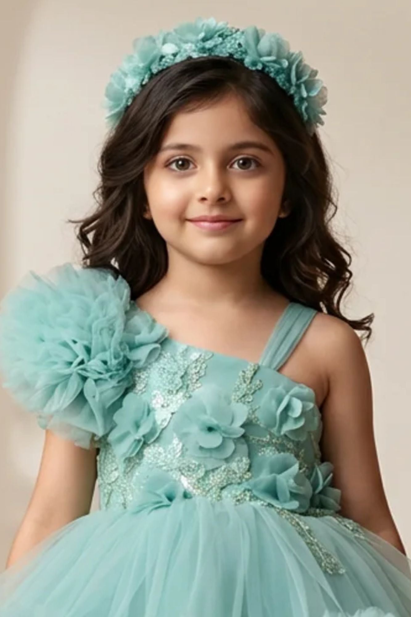 Girls Sea Green Party Frock with Floral Applique and Layered Tulle