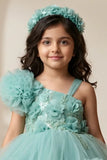 Girls Sea Green Party Frock with Floral Applique and Layered Tulle