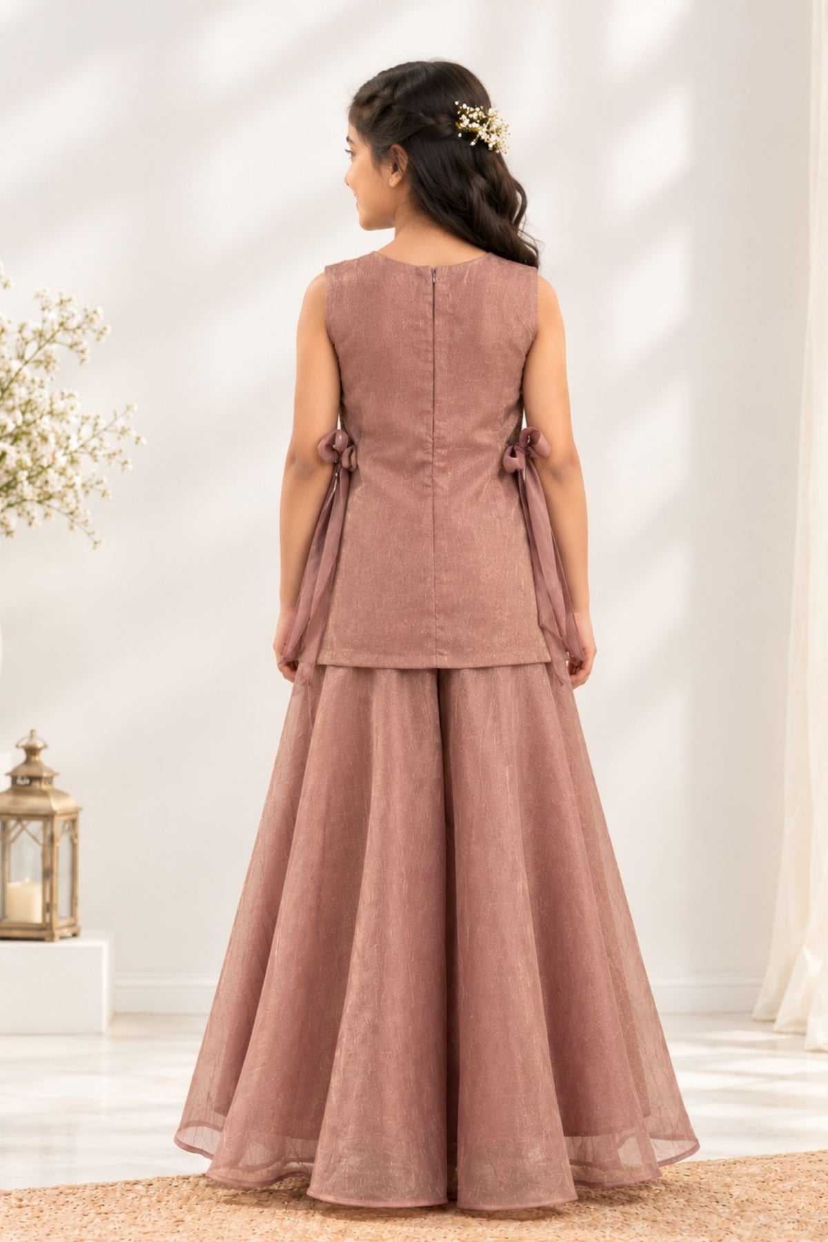 Girls Mauve With Gold Embroidered Palazzo Set With Dupatta