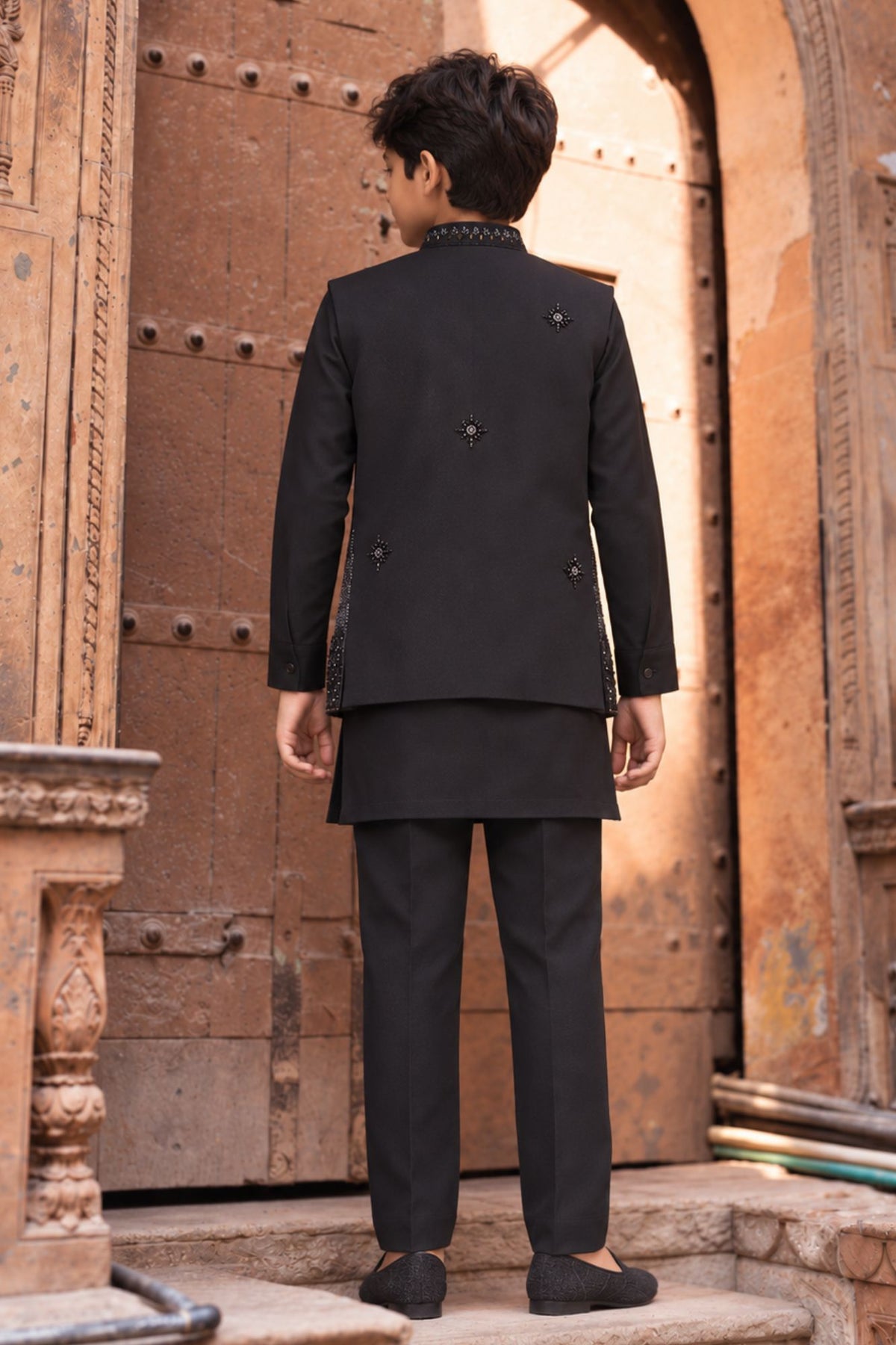 Boys Shimmering Black Sequin Embroidered Kurta Set With Nehru Jacket