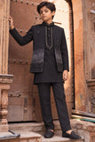 Boys Shimmering Black Sequin Embroidered Kurta Set With Nehru Jacket