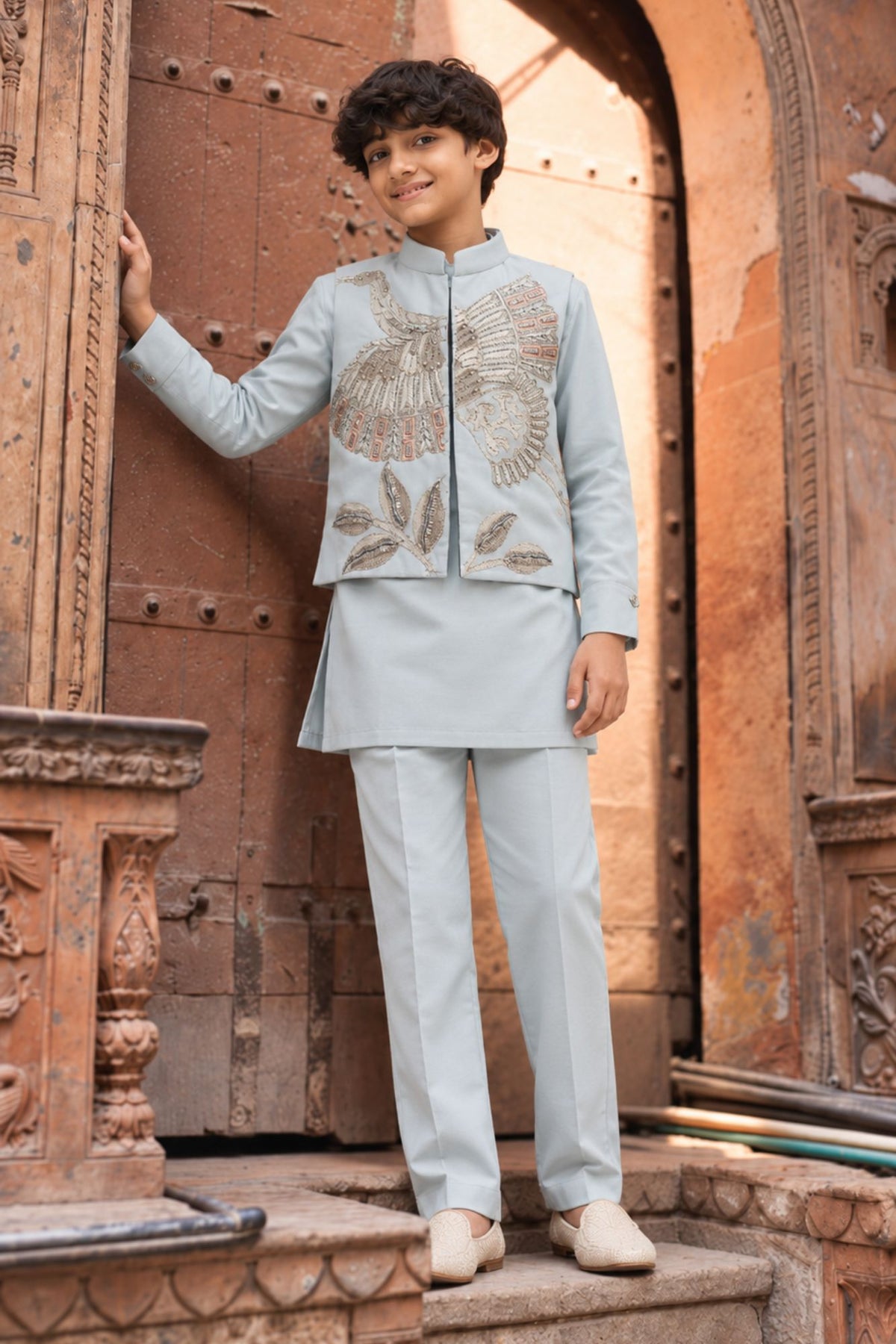 Boys Ice Blue Bird Inspired Bead Embroidered Kurta Set With Nehru Jacket