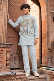 Boys Ice Blue Bird Inspired Bead Embroidered Kurta Set With Nehru Jacket
