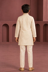 Cream Embroidered Linen Kurta Set For Boys