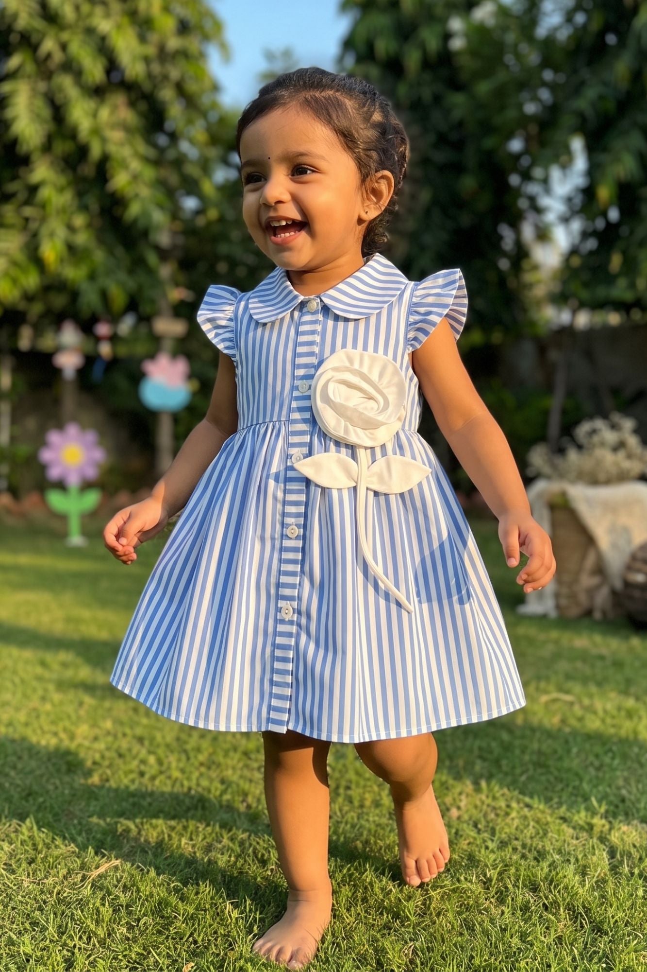 Charming Girls Blue And White Striped Shirt Dress with 3D Floral Applique