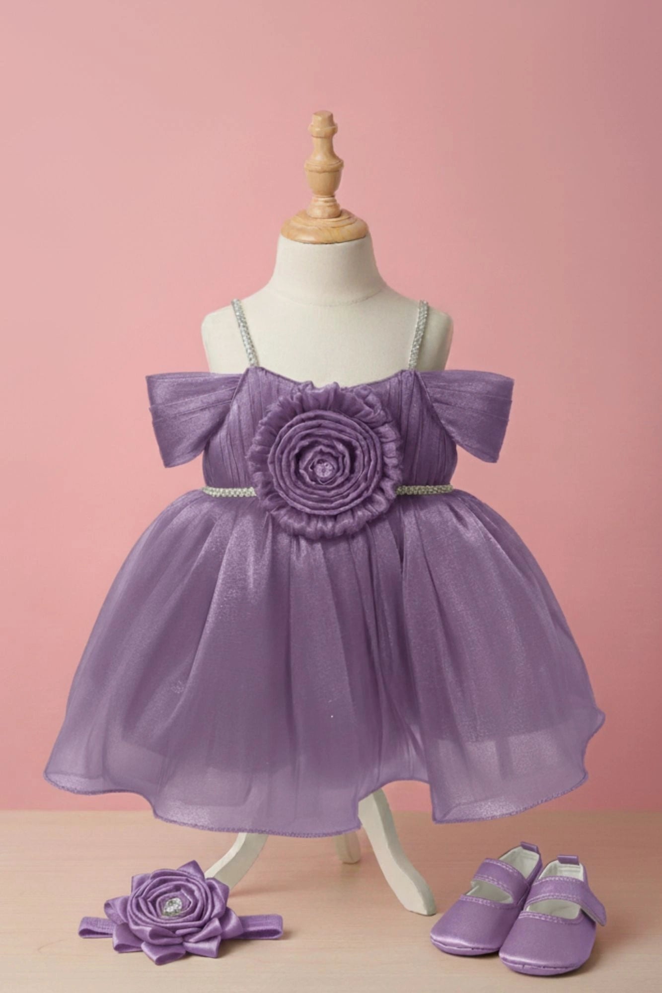Lavender Party Frock with Pleated Flower Appliqué and Shimmer Finish For Girls