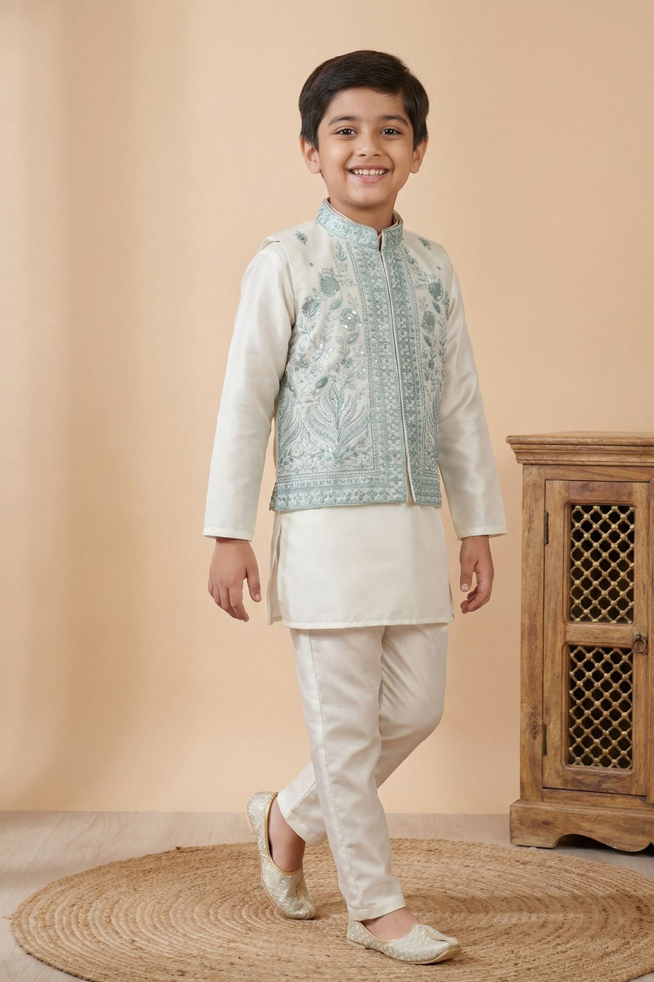 Cream Embroidered Kurta Set with Nehru Jacket For Boys