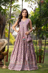 Lavender Embroidered Gown With Potli Bag For Girls