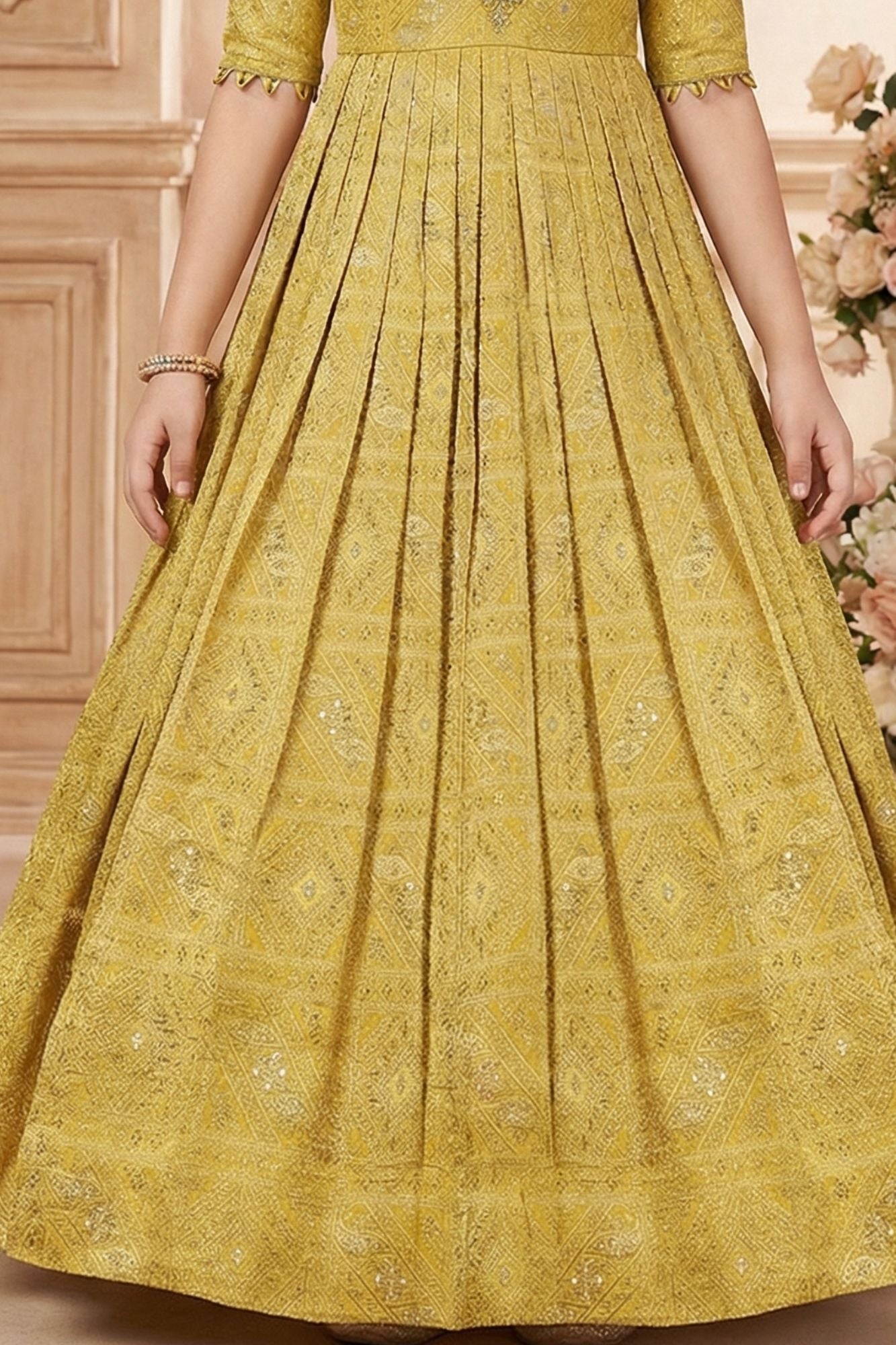 Mustard Yellow Ethnic Gown with Embroidered Neckline For Girls
