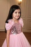 Girls Baby Pink Sequin Party Wear Gown with Bow Sleeves