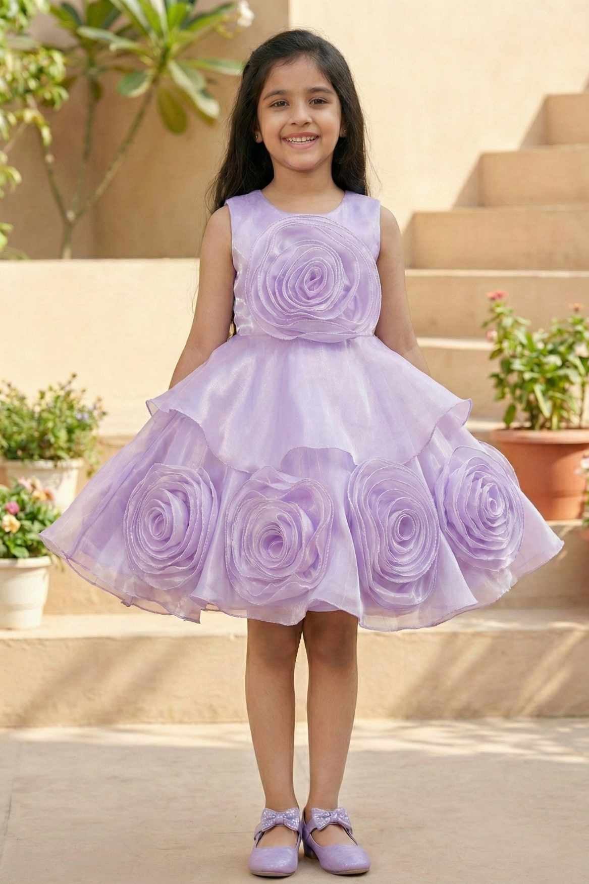 Lavender Embellished Party Wear Frock with 3D Rose Appliqué For Girls