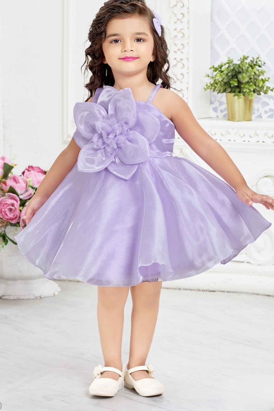 Lavender Organza Frock With Floral Embellished For Girls