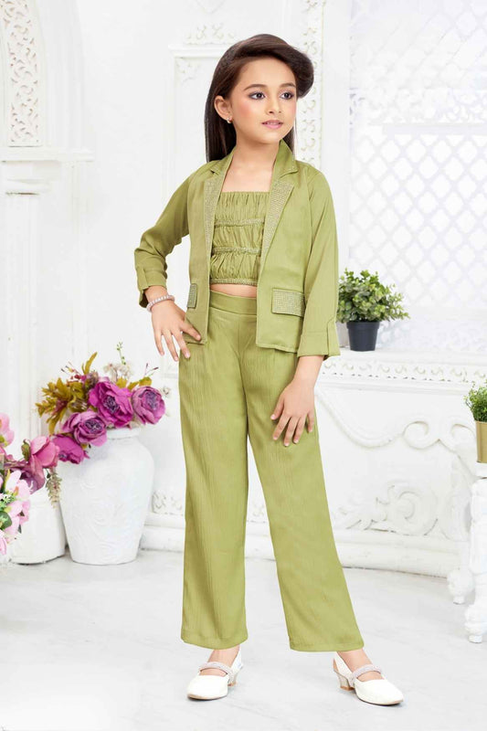 Mehandi Green Casual Co Ord Set With Overcoat For Girls