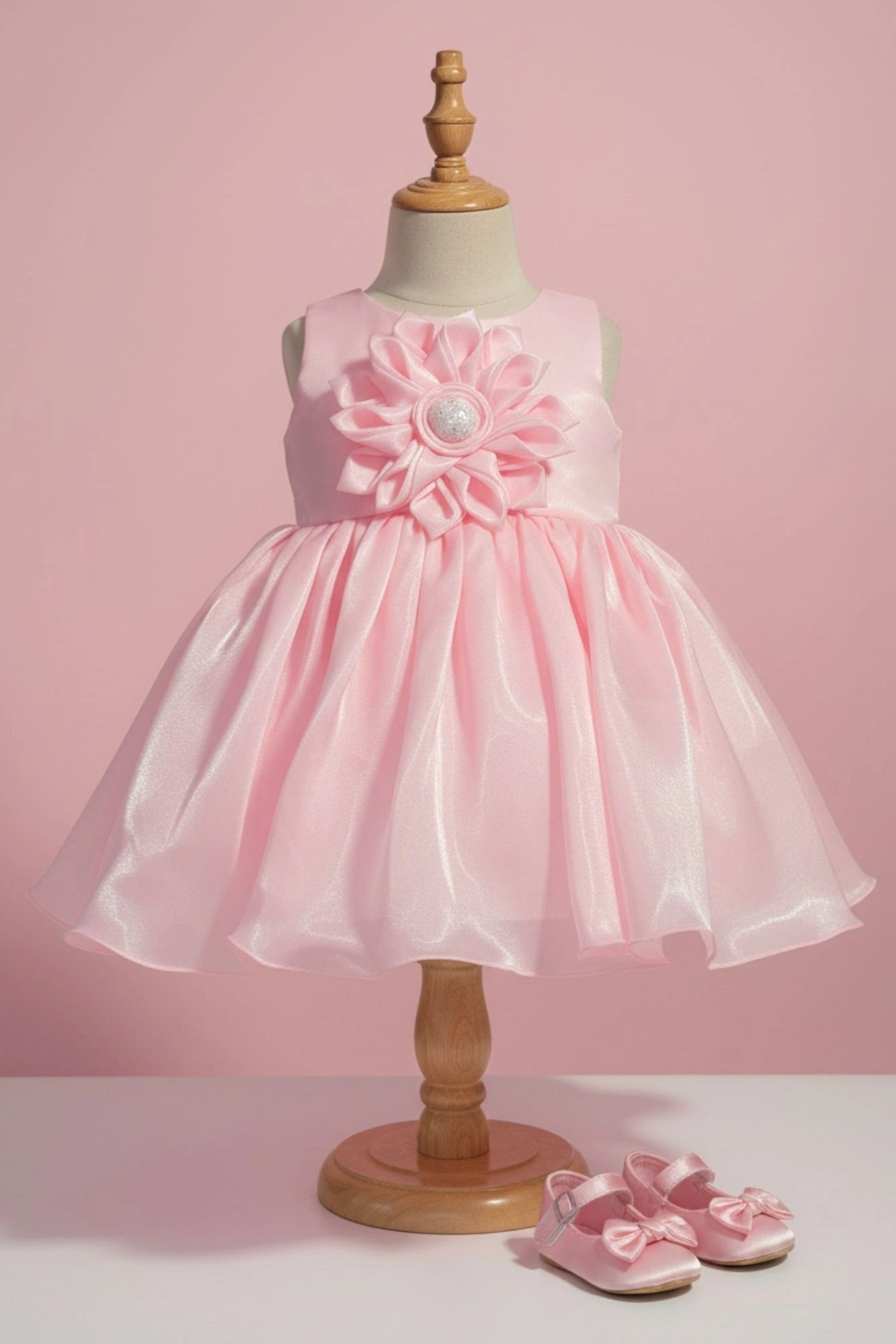 Baby Pink Organza Party Wear Dress with 3D Flower Appliqué For Girls